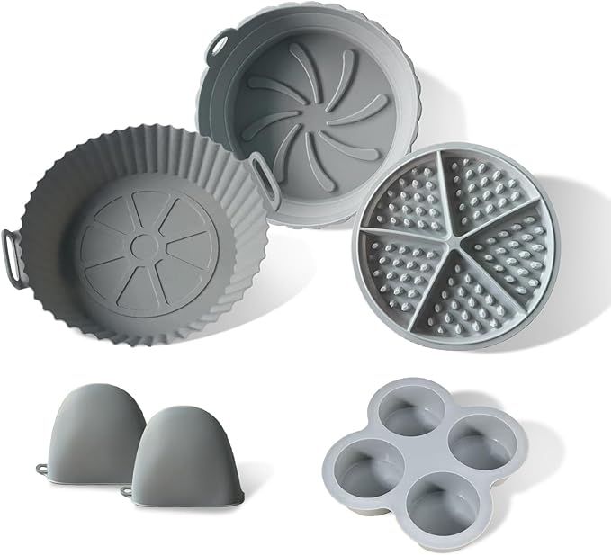 Silicone Liner for Air Fryer,Liners Reusable Round Silicone Basket 5-Piece Set, with Egg Bites Mold, WaffleBite Mold，Anti-Scald Hand Clip, Fits 3-5 Qt,Food Grade Liners Nonstick Coating