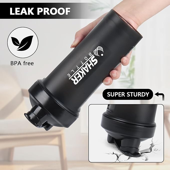 Protein Shaker Bottle 24oz- Leak- Proof GYM Shaker Cup with Handle and Mixing Ball Effortlessly Blend Drinks, Stay Hydrated During Workouts - BPA Free (BLACK)