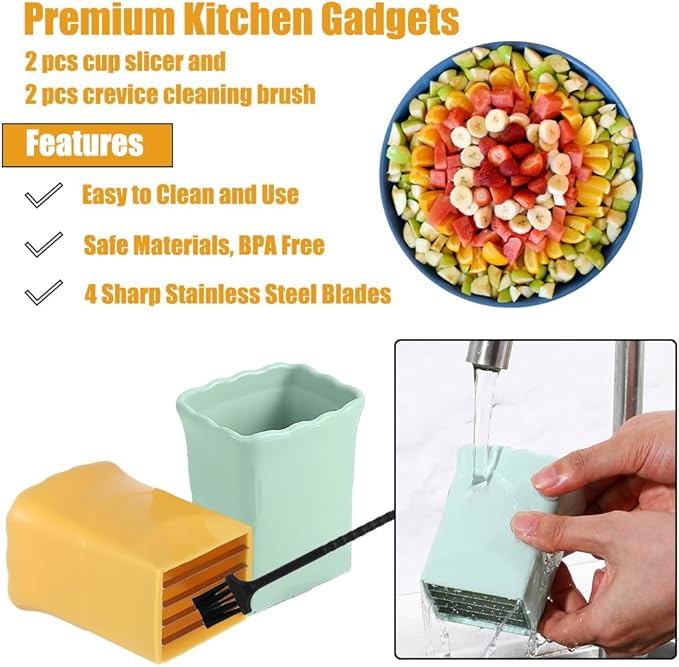3-in-1 Strawberry, Egg & Cup Slicer - Sharp Stainless Steel Blade for Soft Fruits like Banana & Kiwi - Quick Fruit Salad Maker (Yellow/Green/Navy Blue)