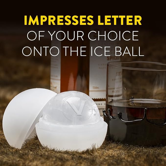 Pack of 2 Monogram Whiskey Ice Ball Maker Mold - Premium Silicone Sphere Mold A to Z letter Engraved - Ideal for Crafting Old Fashioned Cocktails – Easy Release & No Leak Design - ‘V’ letter