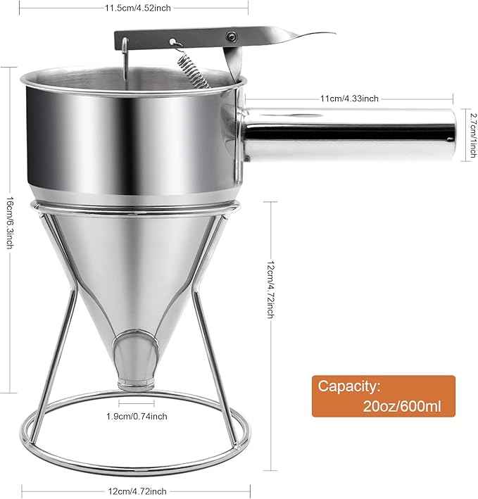 20oz Pancake Batter Dispenser, Stainless Steel Funnel Cake Dispenser with Stand Heavy Duty Baking Tool for Cupcake Waffles Cakes, Caliber: 0.31"/0.47"/0.55"/0.67"