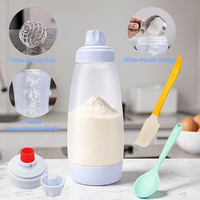Pancake Batter Dispenser, 33 Oz Pancake Mixer Bottle with Silicone Spatula and Spoon, Kitchen Squeeze Batter Dispenser and Mixer with BlenderBall for Pancake, Waffle, Crepe, Muffin, Cupcake