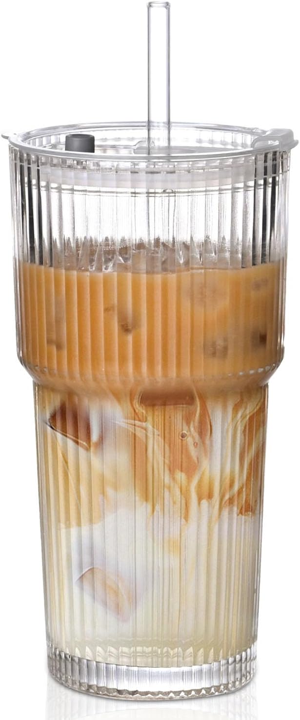 20oz Ribbed Glass Cups with Lids and Straws,1PCS Glass Tumbler with Straw and Lid,Iced Coffee Cups Drinking Glasses for Juice Whiskey Cocktail Beer