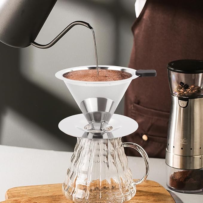 Pour Over Coffee Dripper, Stainless Steel Cone Coffee Filter with Base, Dual-Layer Fine Mesh Coffe Filter, Paperless Reusable Cone Coffee' Maker Dripper with Cleaning Brush(SIZE:S)
