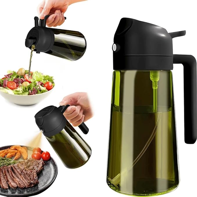 2-in-1 Olive Oil Sprayer & Dispenser, Leakproof 16oz Refillable Glass Spray Bottle for Cooking, Air Fryer & Salad