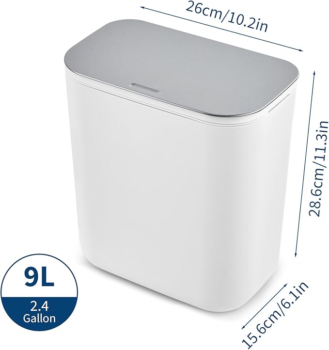 PrecisionAuto 2.4 Gallon/9L Hanging Trash Can with Stainless Steel Lid, Mountable Under Sink Compost Bin for Kitchen Cabinet Door, Food Waste Bin for RV, Bathroom, Office - White