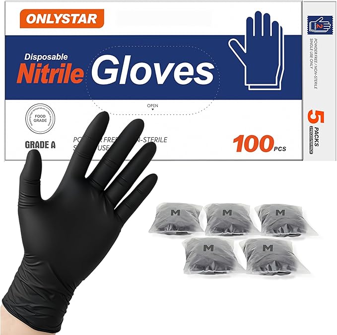 5-Mil Disposable Nitrile Gloves for Cooking Food Prep,100Pcs + 5 Bonus Travel Packs Black Medium, Food Grade, Latex Free, Powder Free, Textured Grip for Household Cleaning, Crafts, Hair Dye