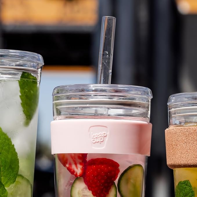 KeepCup Cold Cup - Longplay Double wall Glass Ice Coffee Tumbler with Lid and Straw - 12oz (340ml) - Pashmak