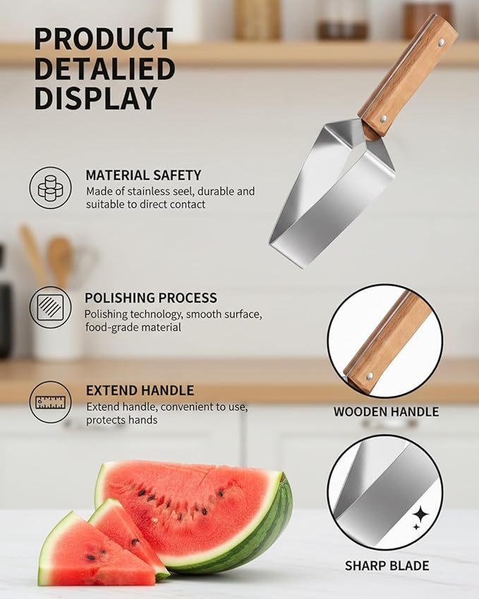 2026 Stainless Steel Watermelon Slicer, Watermelon Cutter Slicer Tool with Wooden Handle, Triangle Fruit Melon Knife Kitchen Gadgets for for A Wide Variety, Cantaloupe, Honeydew, Apples(4pcs#)