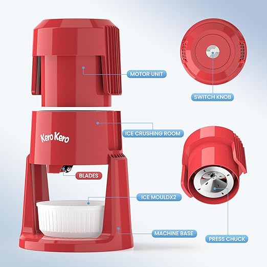 Professional Shaved Ice Machine: RX03 Electric Snow Cone Maker & ICEE Machine for Home, 60W Power, 120V Universal Voltage, Create Fluffy Ice Snow Cones, Slushies and Frozen Treats-Red (Red)