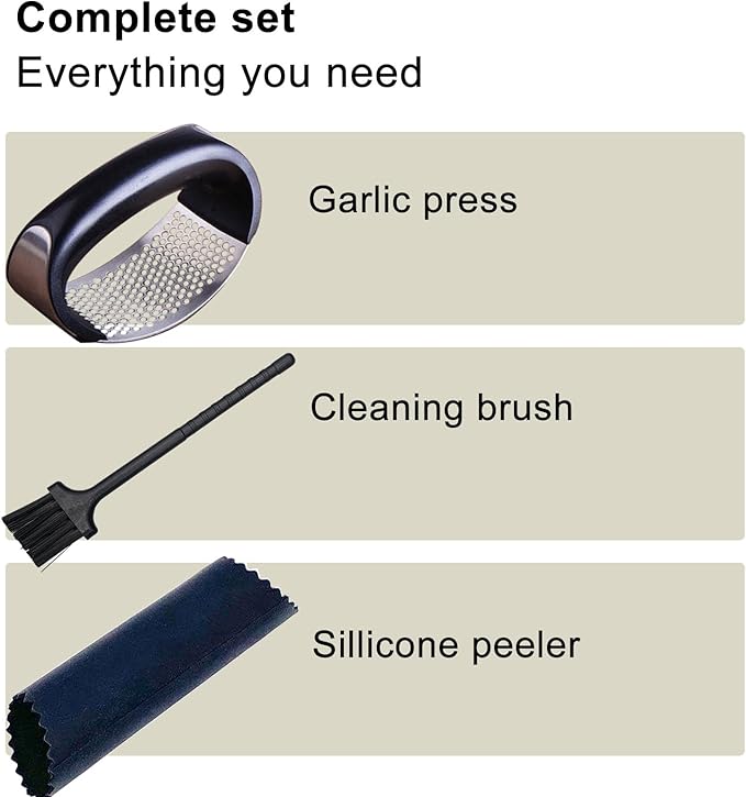Innovative Rocking Garlic Press Set–Premium Stainless Steel Garlic Crusher with Ergonomic Handle,Includes Garlic Peeler&Cleaning Brush,Easy to Clean,Effortless Mincing Tool for Kitchen