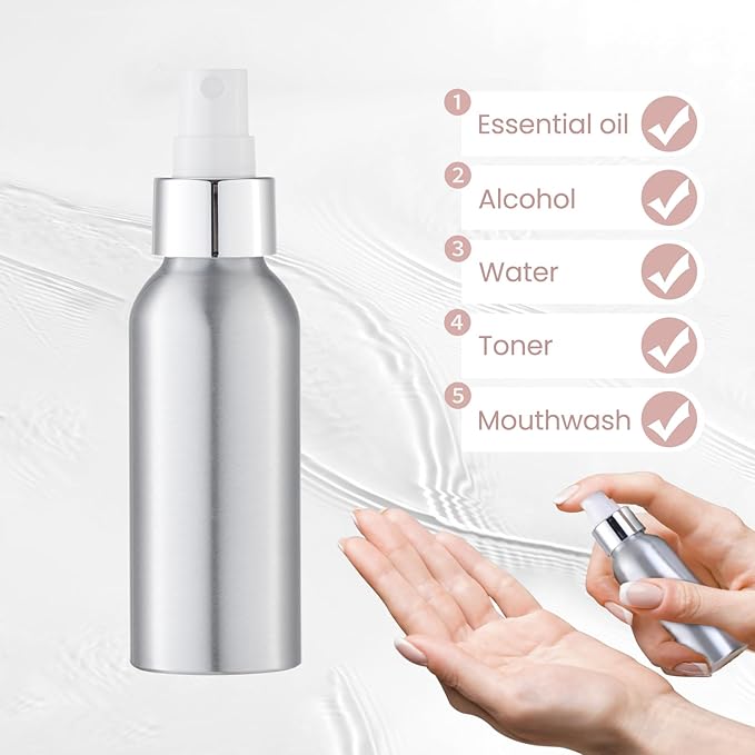 LISAPACK Small Spray Bottle for Travel - 3.4 oz Fine Mist Aluminium Empty Sprayer for Perfume - Mini Size Atomizer for Essential Oil - Face Mister for Liquid Cosmetic TSA Approved 3 Pack