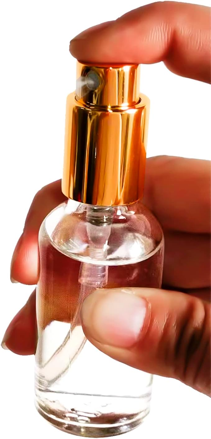 12 Pack 1oz Clear Glass Spray Bottles for Essential Oils, Small Spray Bottle, Fine Mist Spray, Gold Sprayer,for Travel Perfume, Hair & Cleaning