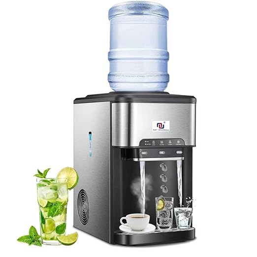NUNET 3-in-1 Portable Ice Maker Water Dispenser Countertop Built-in Ice Machine 44lbs Ice Daily Top Loading 5 Gallon Hot Cold Water Dispenser w. 4lb Ice Storage & Cleaning Sets, Water Pump