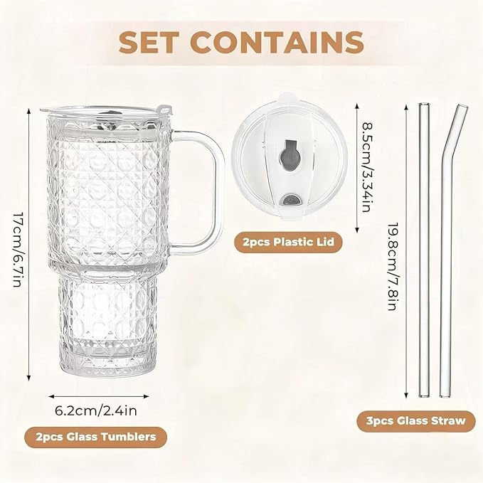 18oz Glass Tumbler with Handle & Lid – 2-Pack Iced Coffee Cups with Straws, Glass Mug for Cold & Hot Beverages Travel Cup for Smoothies, Tea, and Juice (clear-Gemstone pattern-2pack)