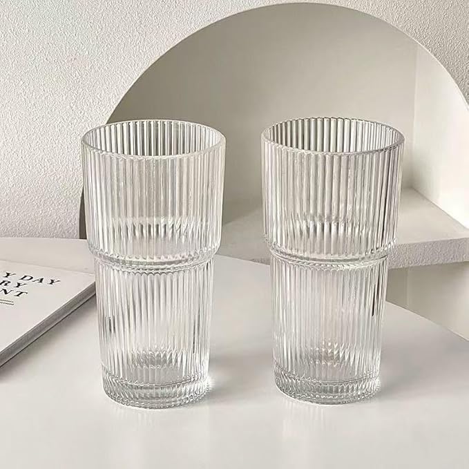 20oz Ribbed Glass Tumbler with Straw & Lid – 2 Pack Iced Coffee Cups,Glass Mug for Cold & Hot Beverages Travel Cup for Smoothies, Tea, and Juice