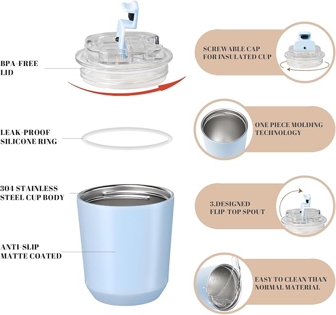 Puraville Insulated Tumblers with Lid, 10 oz Travel Coffee Mug Stainless Steel Vacuum Cup, Leak Proof Reusable Double Walled Coffee Tumbler for Iced and Hot Drinks, Light Blue