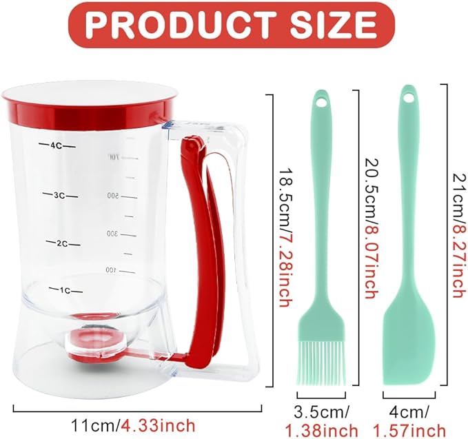 4 Cup Pancake Cupcake Batter Dispense, 900mL Pancake Dispenser With Measuring Label Squeeze Handle Bracket and Silicone brush scraper for Waffles, Muffins, Crepes & Cupcakes(Red)
