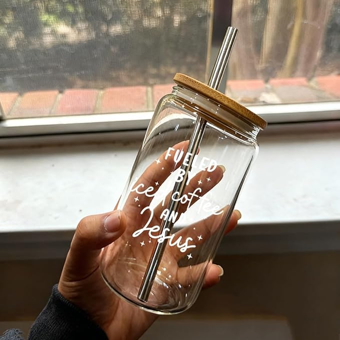 Fueled by Iced Coffee and Jesus Cup Gifts for Women-16oz Christian Glass Cup with Lid and Straw, Faith Brithday Cup Gifts for Coworkers Boss Friends Worker Nurse Teacher, Jesus Iced Coffee Cup-167