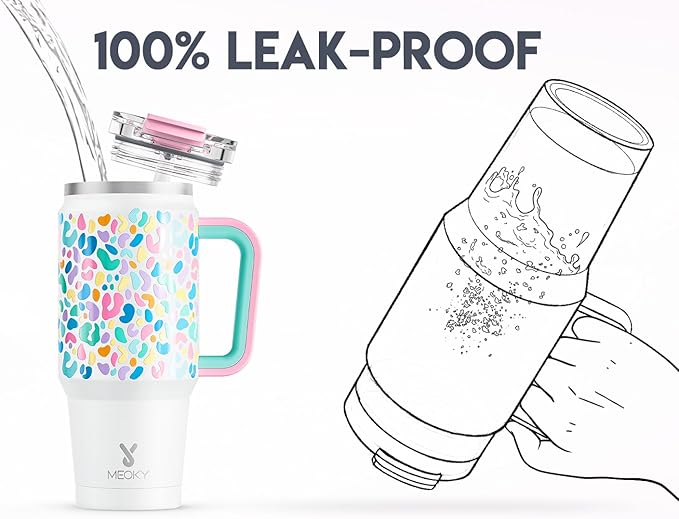 Meoky 32 oz Tumbler with Handle, Insulated Tumbler with Lid and Straw, Stainless Steel Travel Mug, Keeps Cold for 24 Hours, 100% Leak Proof, Fits in Car Cup Holder (Leopard)