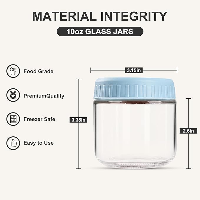 SHOWIN Overnight Oats Containers with Lids, 10oz Glass Jars with Lids 8 pcs, Light Blue, Wide Mouth Mason jars for Salad, Yogurt, Snacks, Meal Prep