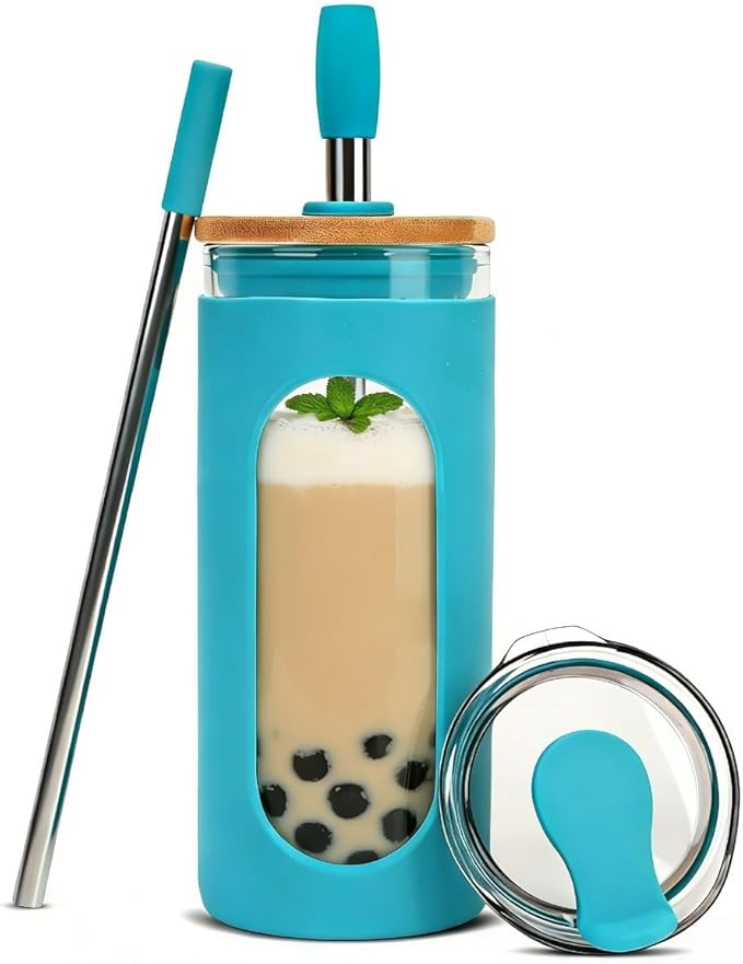 Sursip Glass Cup Tumbler with Straw and Lid, 20 oz Reusable Borosilicate Glass Coffee Cup with Lids for Iced Coffee, Smoothie, Boba, Juice,Travel to Go Tumbler BPA-Free - Lake Blue