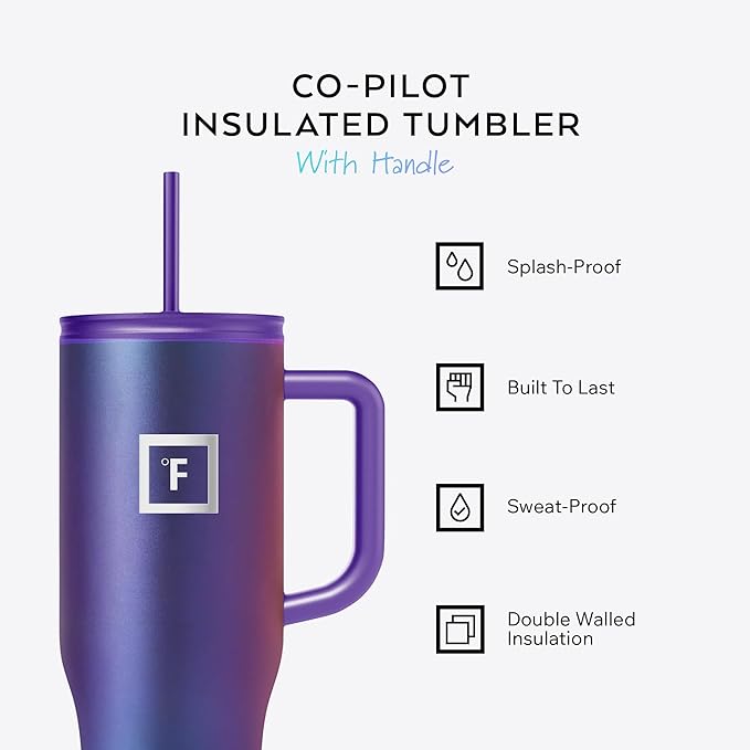 IRON °FLASK Co-Pilot Insulated Mug w/Straw & Flip Cap Lids - Cup Holder Bottle for Hot, Cold Drink - Leak-Proof - Water, Coffee Portable Travel Mug - Rose Gold, 40 Oz
