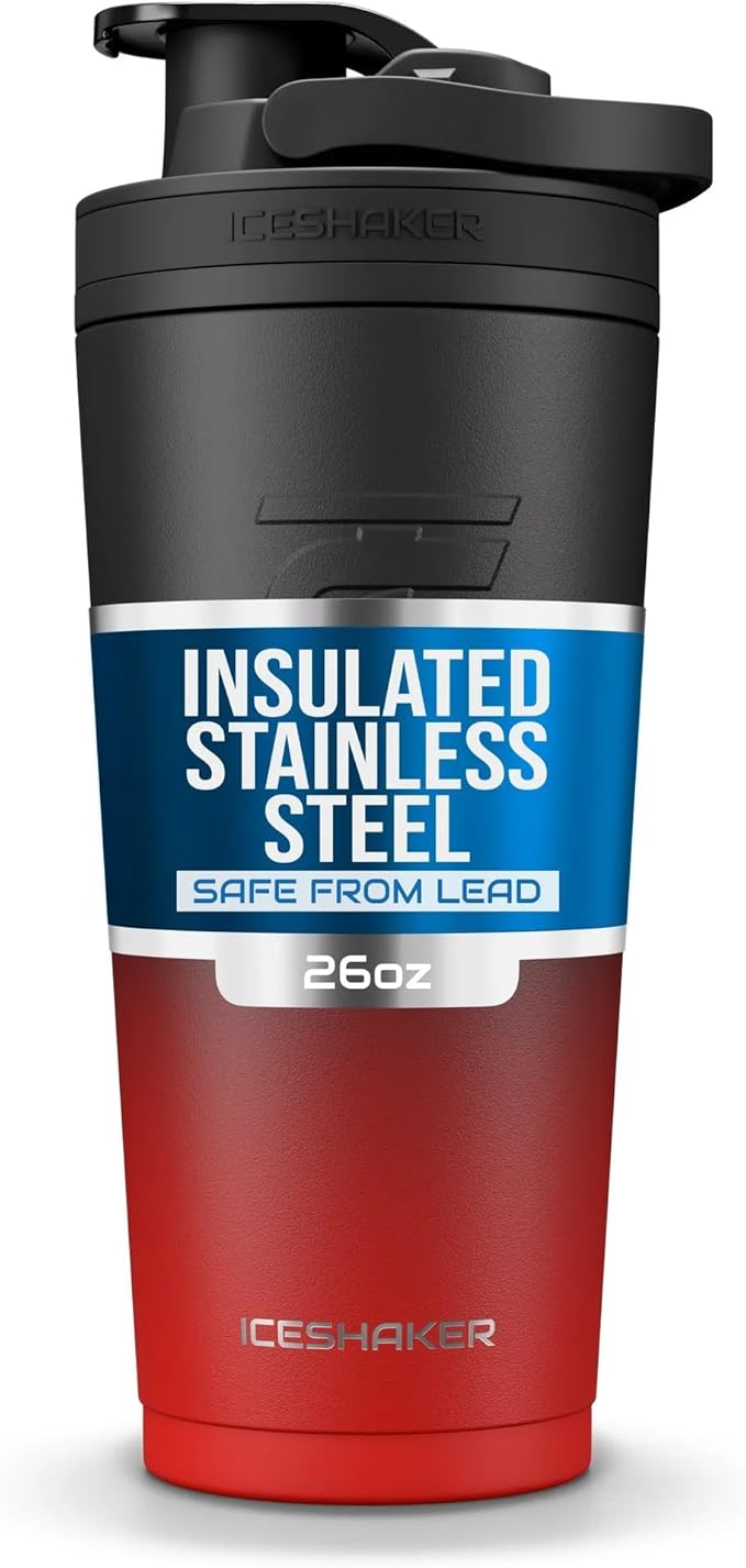 Ice Shaker Insulated Stainless Steel Shaker Bottle | 26oz, Red/black | Cold for 30+ Hours | Insulated Cup with Twist-on Agitator | Odor-Free Bottle for Protein Shakes, Water, Smoothies, Cocktails