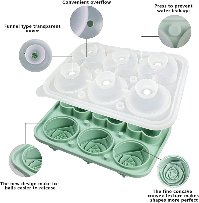 Rose Ice Cube Mold, Heart Shapes Ice Cube Tray, Silicone Ice Mold Fun Shapes with Clear Funnel-type Lid, 3 Heart & 3 Rose Ice Balls for Chilling Whiskey Cocktails Drinks, Pink