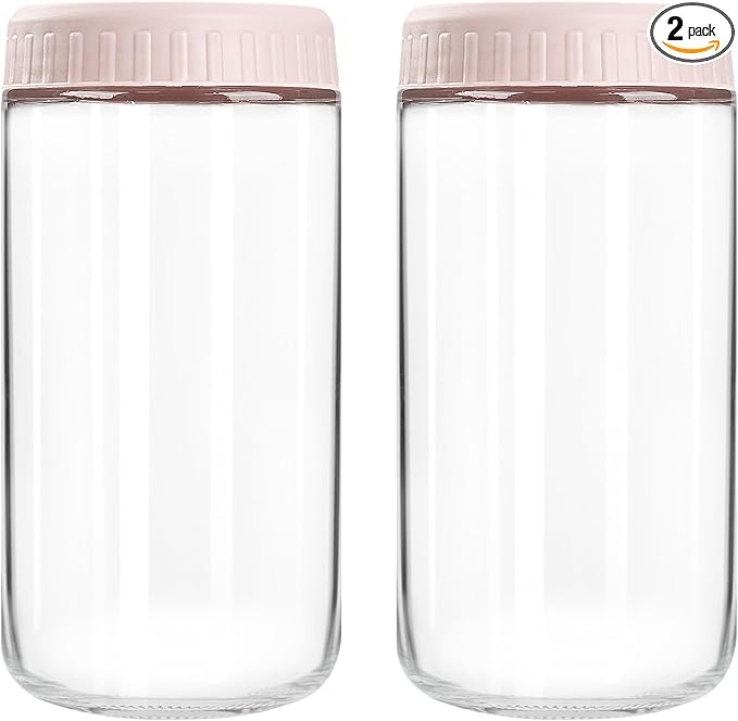SHOWIN Overnight Oats Containers with Lids, 24oz Glass Jars with Lids 2 pcs, Pink, Wide Mouth Mason jars for Salad, Yogurt, Snacks, Meal Prep