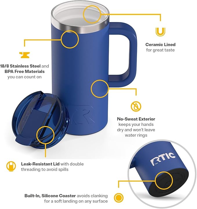 RTIC 16oz Road Trip Travel Mug with Lid and Handle, Ceramic Lined, Insulated, Stainless Steel, Metal, Double Wall Vacuum-Insulation, Portable Coffee, Tea Cup for Hot and Cold Drink, Cobalt
