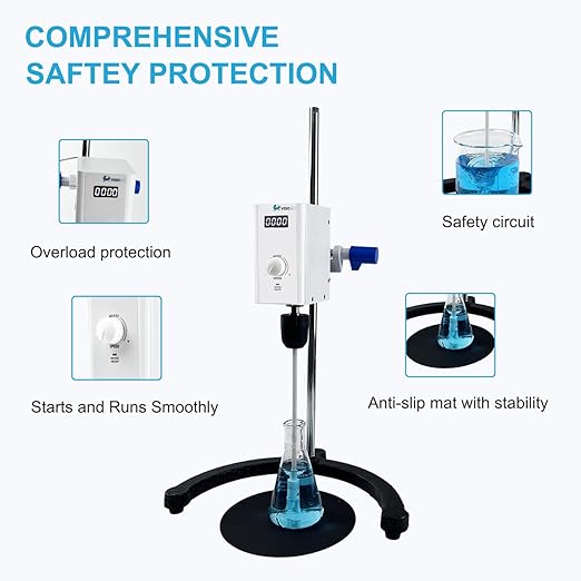 Digital Lab Overhead Stirrer,Speed 100-2000rpm,Max.Torque 20N·cm,Max.Viscosity 10000mpas,10L(H₂O), Lab Mixer with Overload Protection, Overhead Mixer with Support Stand&PTFE Stirring Rod,110-220V