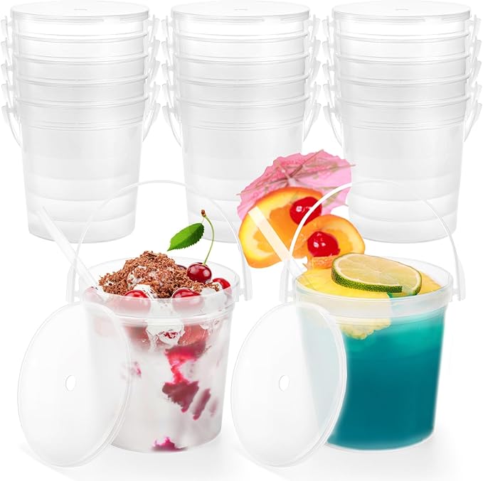 Yopay 15 Pack Plastic Rum Buckets for Drinks, 32OZ Cocktail Buckets Reusable Smoothie Bucket with Lid and Straw, 1Liter Large Ice Cream Pails for Halloween Football Parties Bar Beer