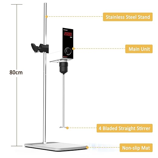 4E's USA Lab Overhead Stirrer - 40 Liter, 50000mPas, 50~2000 RPM Variable Speed with Stand and Stirring Rod, LED Lab Stirrer Mixer with Safety Sensors and Go-Through Design for Easy Rod Adjustment