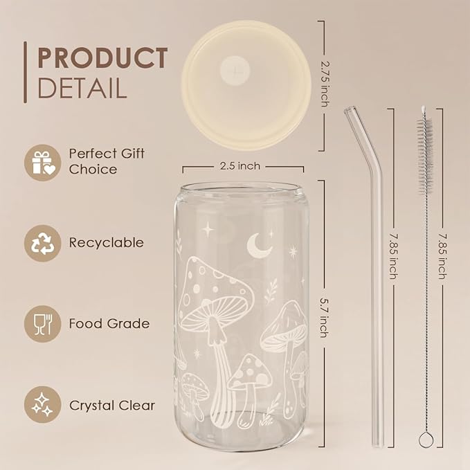 SANDJEST Mushroom 16oz Can Glass Tumbler with Acrylic Lid & Straw, Iced Coffee Cup for Women, Aesthetic Cups Gifts for Birthday Christmas