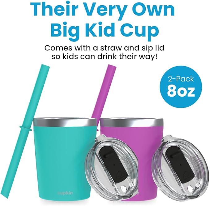 CUPKIN Cups with Lids and Straws, The Original 8 oz Stackable Stainless Steel First Sippy Cup, Set of 2 Powder Coated Insulated Kids Hot Drink Cup + BPA Free Lids + Silicone Straws (Green + Pink)