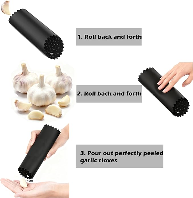 MANJIA Garlic Press and Peel Set Stainless Steel- Rust Proof Garlic Mincer Tool - Easy-Squeeze, Easy-Clean Silicone Garlic Peeler & Brush (Black)