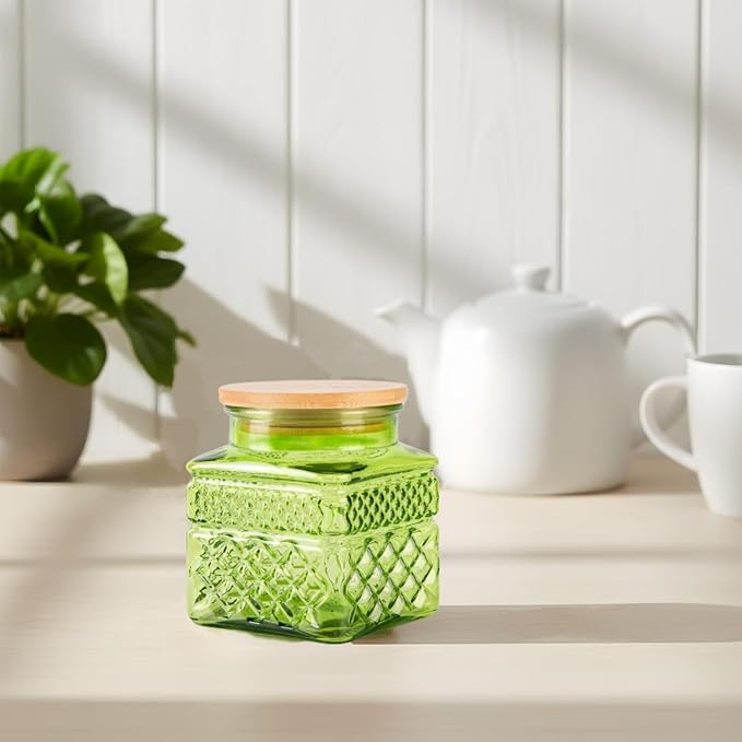 Glass Storage Jar Set of 2, Thick Glass Candy Jar for Coffee Bean, Cocoa Powder,Dog treats, Snacks Decorative Square Glass Jars with Airtight Lids, for Coffee Bar Kitchen Party Counter 20.3 FL OZ