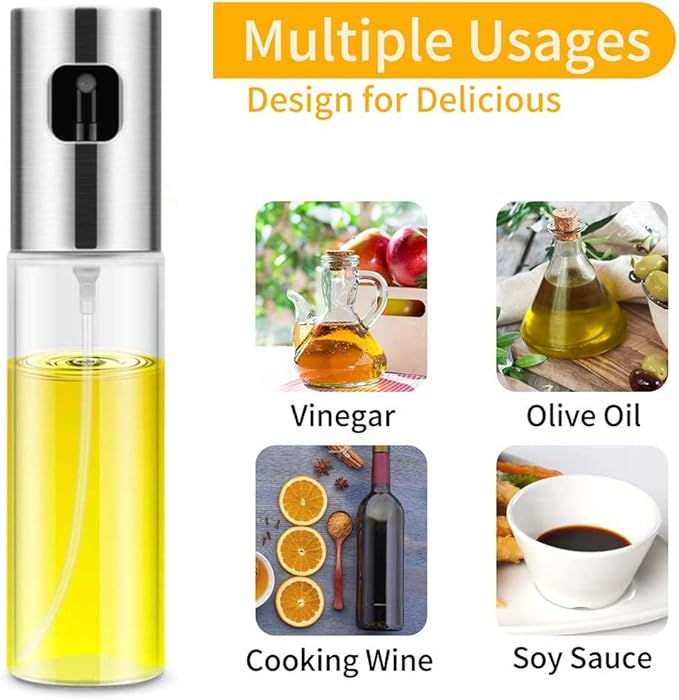 Glass Oil Sprayer Bottle for Cooking, Refillable Fine Mist Sprayer for Air Fryer, BBQ, Salad Spray, Leak Proof Kitchen Oil Dispenser with Dishwasher Safe Design (Silver)