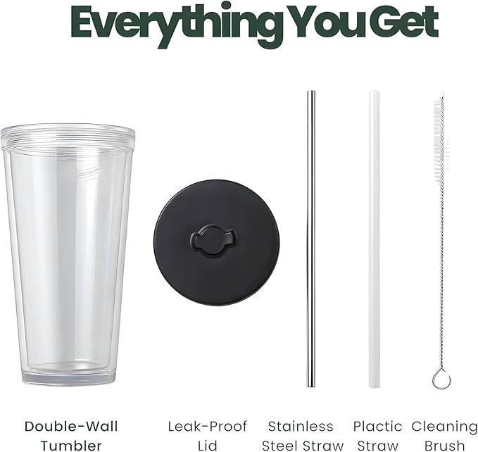 Kensal Home Reusable Iced Coffee Cup (24 Oz/Venti), Leak Proof and Double Wall Insulated Iced Coffee Tumbler, Come with Reusable Plastic and Metal Straws and Straw Cleaner - Black