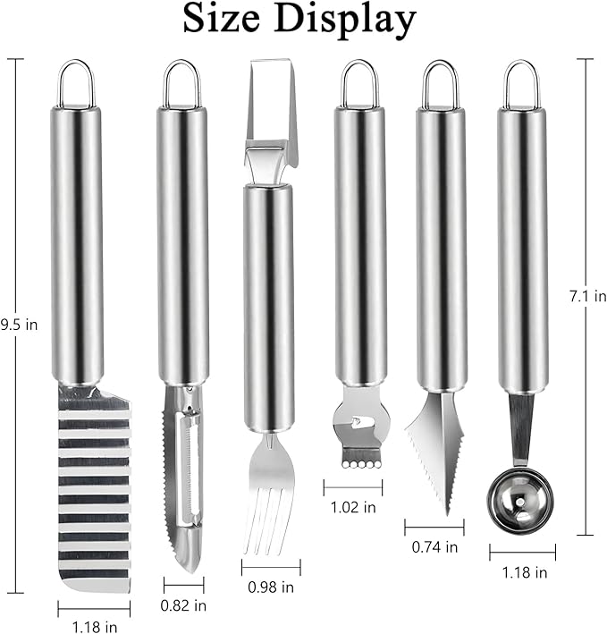 6 Pcs Stainless Steel Fruit Carving Knife Set, Kitchen Fruit Carving Knife, Watermelon and Ice Cream Scoop, 2-in-1 Dig Pulp Separator Fruit Peeling Tool, Crinkle Knife and Lemon Zester Grater