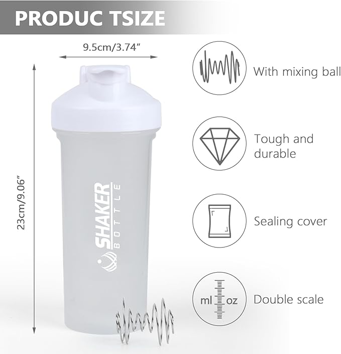Protein Shaker Bottle 24oz- Leak- Proof GYM Shaker Cup with Handle and Mixing Ball Effortlessly Blend Drinks, Stay Hydrated During Workouts - BPA Free (WHITE)