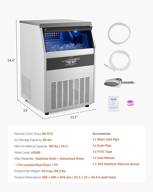 VEVOR Commercial Ice Maker Machine, 160lbs/24H Ice Maker Machine with 66lbs Storage Capacity, 80 Ice Cubes in 15 Minutes, LED Digital Display Freestanding Self-Cleaning for Bar Office Restaurant