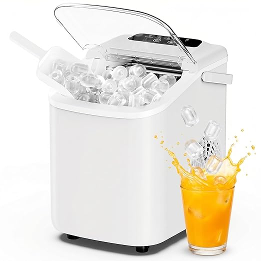 DUMOS Ice Maker, Nugget Ice Machine Countertop with Basket, Scoop and Portable Handle, 26lbs Daily, 9 Bullet Cubes in 6~8 Mins, Self-Cleaning for Kitchen, Office, Outdoos, RV Camping