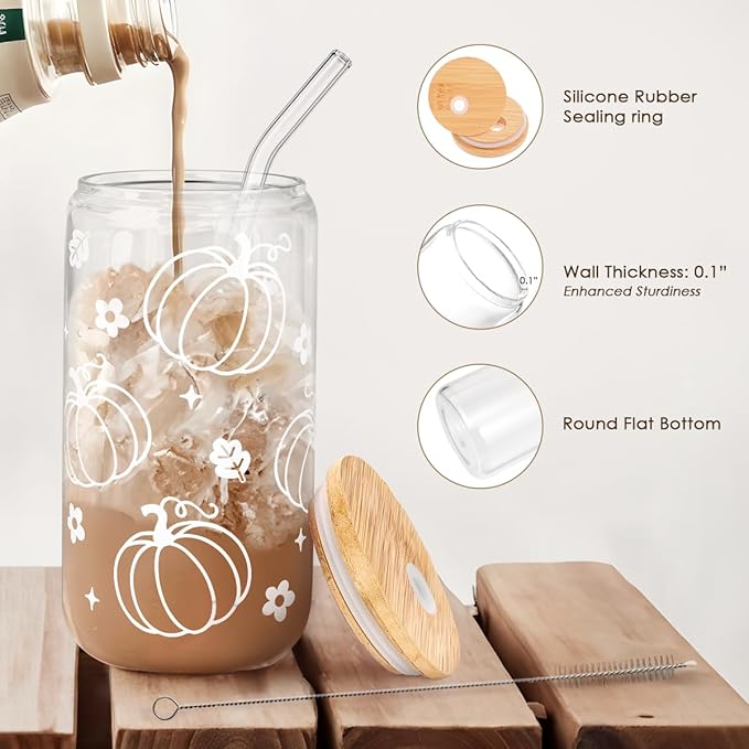 SANDJEST Pumpkin 16oz Can Glass Tumbler with Acrylic Lid & Straw, Iced Coffee Cup for Women Girls, Fall Aesthetic Cups Gifts