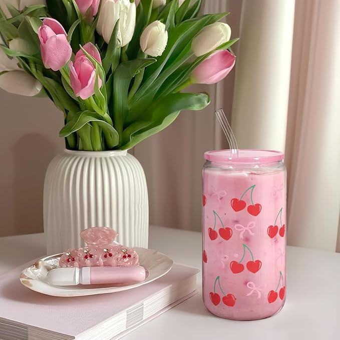 SANDJEST Cherry 16 Oz Can Glass Tumbler with Acrylic Lid and Straw - Iced Coffee Cups for Women, Aesthetic Glass Cup Gift for Birthday Christmas