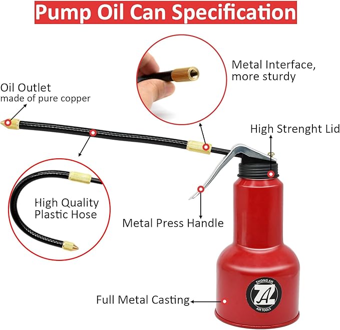 500ML Metal High Pressure Feed Oil Spray Gun Bottle Oil Can with Detachable Metal Straight & Flexible Spout