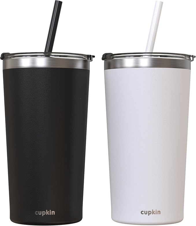 CUPKIN Stainless Steel Insulated Tumbler with Lid and Straw, 20 oz Stainless Steel Cups, Set of 2 Travel Coffee Mug for Adults, Iced Coffee Cup with Lid, Tumbler for Travel (Black + White)