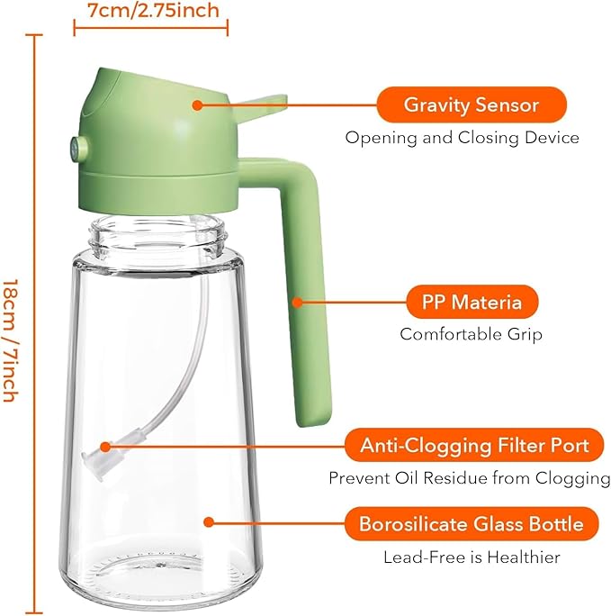 Glass Olive Oil Sprayer 16oz/470ml – 2 in 1 Oil Dispenser for Kitchen Appliances, Cooking Spray Bottle for Salad (Green), Frying, BBQ, Grilling | Premium Kitchen Gadgets & Accessories