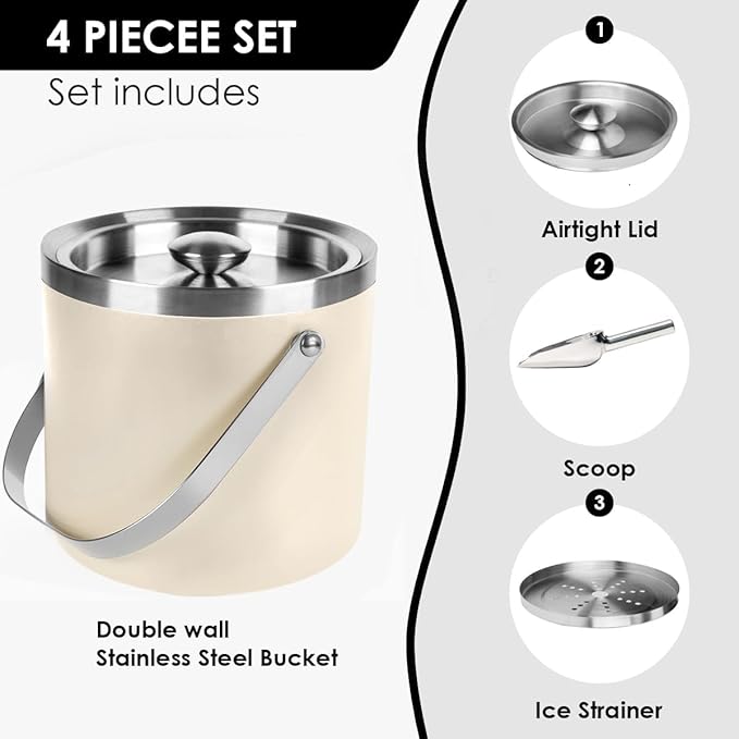 3L Beige-White Double Wall Insulated Stainless Steel Ice Bucket with Scoop for Cocktail Bar,Metal Ice Bucket for Freezer with Lid for Parties.ice Container to Keep Ice Colder,bar cart Accessories